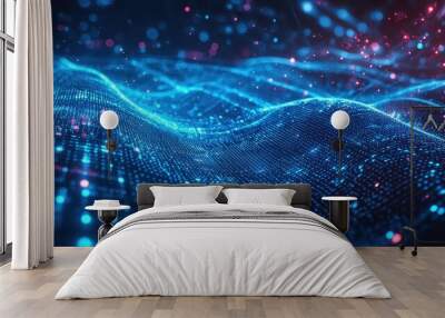 Dynamic blue holographic light beams flowing across a modern technology grid, creating a futuristic and digital sense of innovation. Wall mural