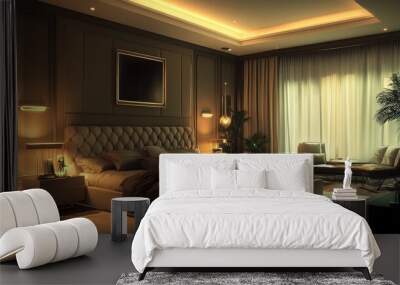 Elegant and modern bedroom with a luxurious bedding setup, soft lighting, and a chic color scheme Wall mural