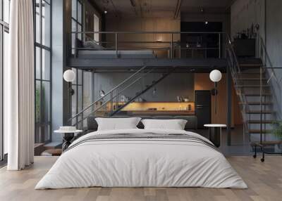 Elegant loft with a steel staircase leading to a mezzanine bedroom, featuring minimalist decor and an industrial aesthetic Wall mural