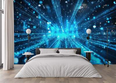 Holographic beams of blue light illuminating a digital landscape of modern technology symbols and patterns in motion. Wall mural