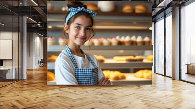 A cheerful young female shop clerk Wall mural