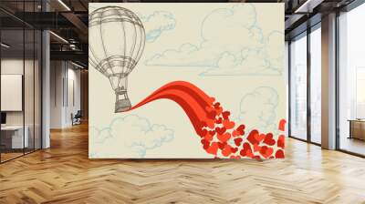 Hot air balloon flying hearts romantic concept Wall mural