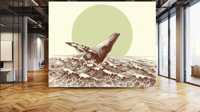 Humpback whale jumping out of the water in the ocean Wall mural