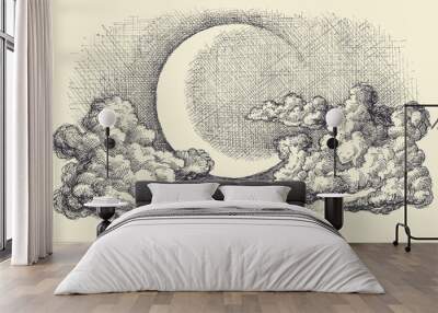 Night sky vector, moon in the clouds hand drawing Wall mural