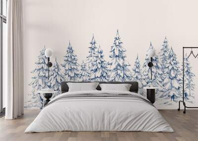 Pine forest hand drawn border. Winter landscape Wall mural