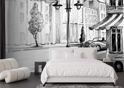 Retro city sketch, street, buildings and old cars vector illustr Wall mural