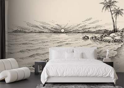 Sunrise on the beach drawing. Sea view and palm trees on shore Wall mural