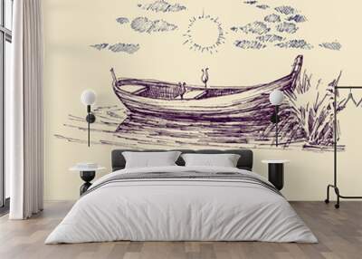 Time to relax card. Empty boat on lake, relaxation in nature sketch Wall mural