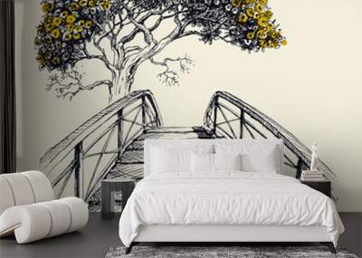 Wooden bridge arch, blooming tree in the background hand drawing vector Wall mural