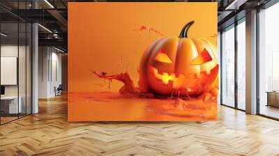 3D illustration holloween wallpaper with spooky pumpkin face, pumpkin lamp, orange background, illustration, happy holloween Wall mural