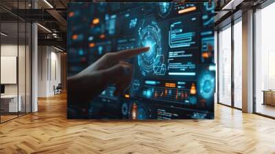 A hand pointing at an interactive screen displaying various digital data and cyber security symbols, representing the concept of advanced AI technology in business office environment.  Wall mural