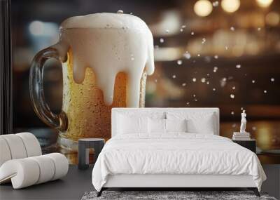 Cold beer A close-up view of steamed mug with foam overflowing in a bar on wooden table a desk  Wall mural