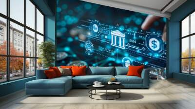 Digital Banking and Financial Technology Concept. A person presents digital banking and financial technology icons, and currency symbols, emphasizing modern online payment systems and e-commerce. Wall mural