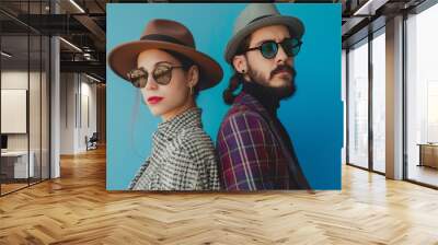 Young fashionable couple on blue background Wall mural