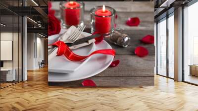 Retro fork and knife in heart shape plate Wall mural