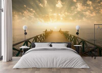 Wooden pier on sea at morning sunrise Wall mural