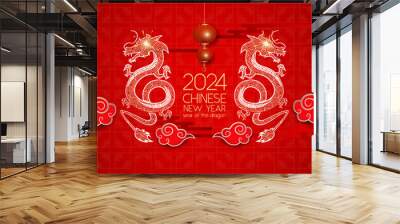 	
2024 Happy Chinese New Year. Chinese dragon gold zodiac sign on red background, new year celebration concept for greeting card, banner and template. Wall mural