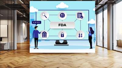 FDA Food and Drug Administration. Certified Control Department Nutrition Drugs Concept
With icons. Cartoon Vector People Illustration Wall mural