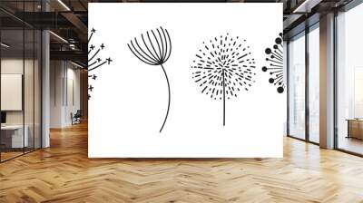 Dandelion flower silhouettes. Spring season blooming blowball flowers doodles vector illustration. Dandelion fluffy nature silhouette Wall mural