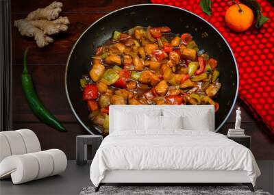 Stir fry chicken with vegetables and risee. Asian cuisine. Wall mural