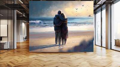  A couple in love and hugging on the beach holding hands. AI generativ. Wall mural