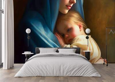  Holy Mary holding baby Jesus Christ in her arms. Graphic representation. AI generativ. Wall mural