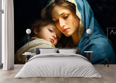  Holy Mary holding baby Jesus Christ in her arms. Graphic representation. AI generativ. Wall mural