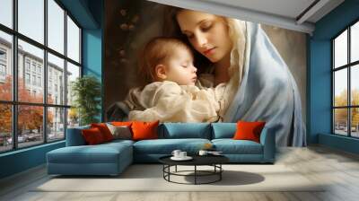  Holy Mary holding baby Jesus Christ in her arms. Graphic representation. AI generativ. Wall mural