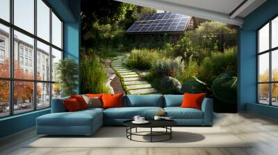 A photovoltaic system in the garden. AI generativ. Wall mural