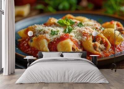 A plate of stuffed pasta shells with red sauce. AI generative Wall mural