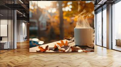 a steaming cup of coffee on an autumn terrace. AI generative. Wall mural