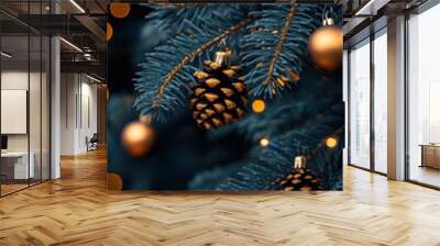 blue backgrounds and Christmas tree decorations. AI dekorative. Wall mural