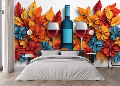 Bottle and wine glass in slightly golden colours. AI generative. Wall mural