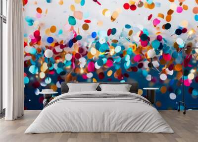 coloured confetti and streamers as a white New Year's background. AI generativ. Wall mural