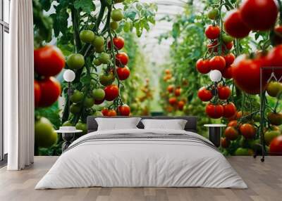 Fresh tomatoes picked from the bush. AI generative. Wall mural