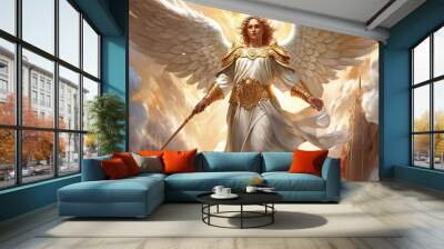 Graphic and biblical representation of the Archangel Michael. AI generativ. Wall mural