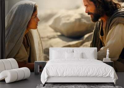 jesus' conversation with the samaritan woman at the well. AI generativ. Wall mural