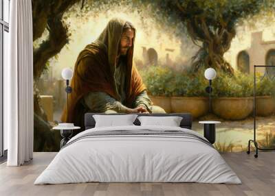 Jesus Christ praying in the garden of olive. AI generativ. Wall mural