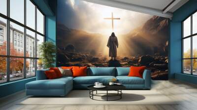 Jesus Christ standing at the entrance to the tomb. AI generative. Wall mural