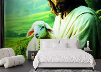 Jesus holding a lamb in his arms. AI generative. Wall mural