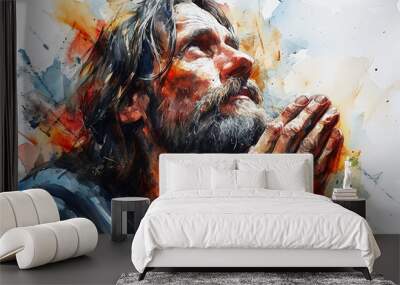 jesus praying, watercolor painting,AI generative Wall mural