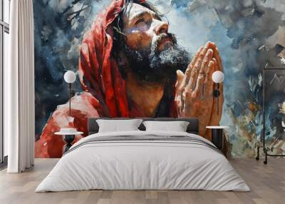 jesus praying, watercolor painting,AI generative Wall mural