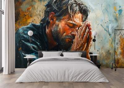 jesus praying, watercolor painting,AI generative Wall mural