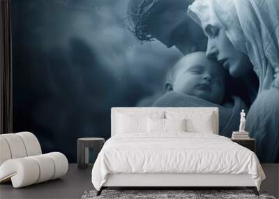 Mary and Joseph holding baby Jesus.  In primarily blue tones. AI generative. Wall mural