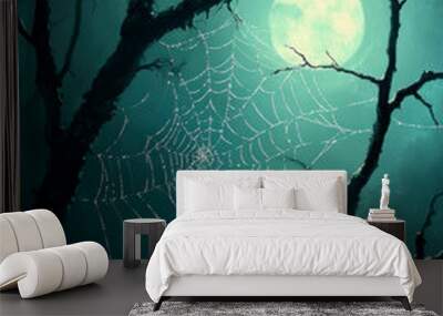 Night photograph of a forest.A delicate web of crystals hangs between two branches. AI generative. Wall mural