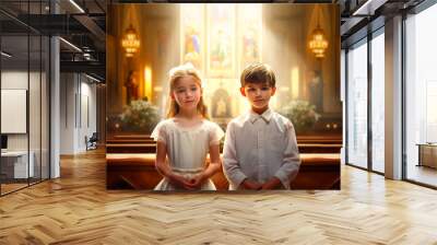 Praying couple of children in front of altar in church. AI generativ. Wall mural