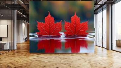 Red maple leaves floating on water. AI generative. Wall mural