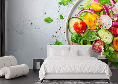 Summer colourful and full of vitamins vegetable salad . on a plate, close-up on a white background. AI generative. Wall mural