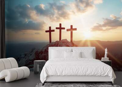 The concept of the silhouette of the three crosses as an easter motif. Ai generative. Wall mural