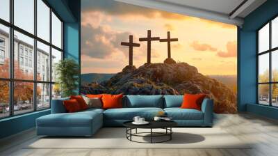 The concept of the silhouette of the three crosses as an easter motif. Ai generative. Wall mural